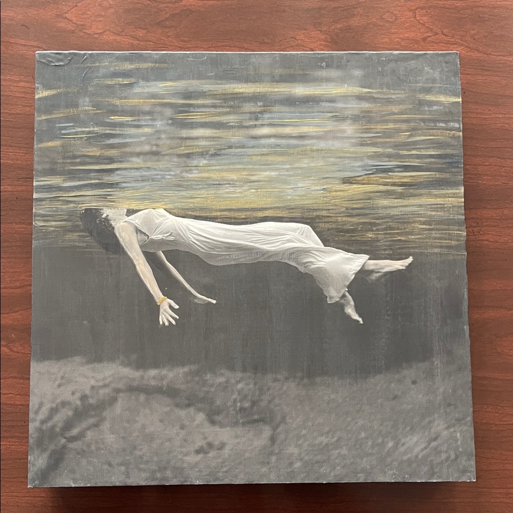 Elegant Mixed Media Underwater Art Print with Gold Accents on Wood Panel